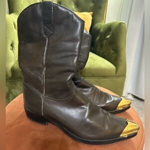 Men's Brown Leather Cowboy Boots with Gold Accents